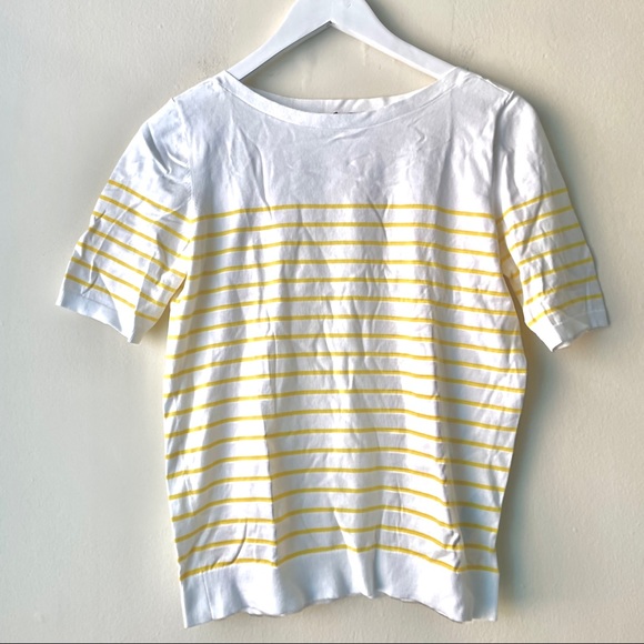 Banana Republic White & Yellow Stripe Stretch Boat Neck Short Sleeve Sweater - M - Picture 1 of 7
